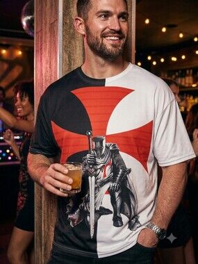 Knights Templar Crusader Graphic Tee 2XL 2X Black White Split